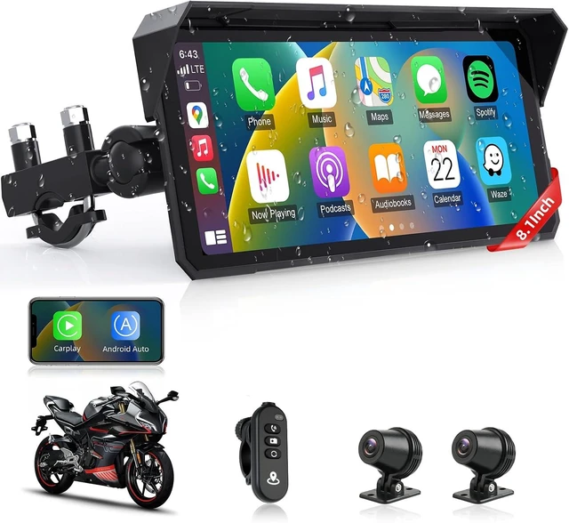 Main image of 8.1" 4K Motorcycle CarPlay Screen w 4K Dash Cam IPX7 GPS Voice Control