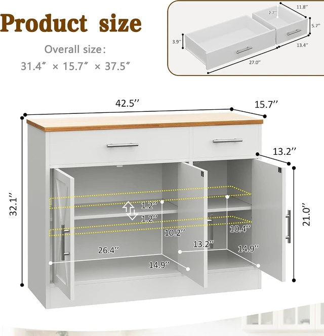 Alt view image 2 of 7 - 43 Coffee Bar Cabinet, Farmhouse Buffet Cabinet with Storage, Sideboard Buffet with Drawers and Shelves for Kitchen, White