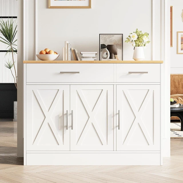 Alt view image 3 of 7 - 43 Coffee Bar Cabinet, Farmhouse Buffet Cabinet with Storage, Sideboard Buffet with Drawers and Shelves for Kitchen, White