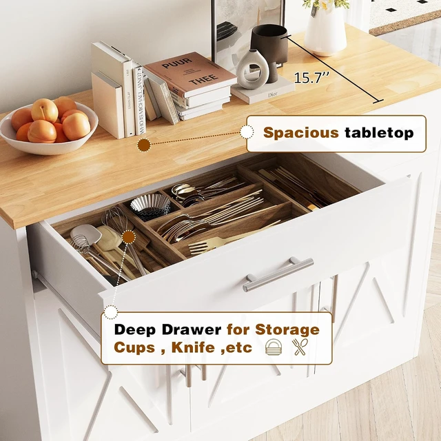 Alt view image 5 of 7 - 43 Coffee Bar Cabinet, Farmhouse Buffet Cabinet with Storage, Sideboard Buffet with Drawers and Shelves for Kitchen, White