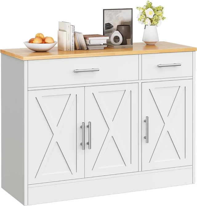 Alt view image 7 of 7 - 43 Coffee Bar Cabinet, Farmhouse Buffet Cabinet with Storage, Sideboard Buffet with Drawers and Shelves for Kitchen, White