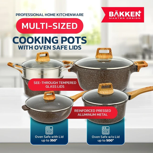 Alt view image 3 of 7 - Bakken Master 20 Piece Cookware Set - Pots and Pans with Handle Grips and Tempered Glass Lids, With 6-piece Bakeware Set, Nonstick Granite Coating, Ceramic Max Temperature (Up To 500°F), Brown Marble