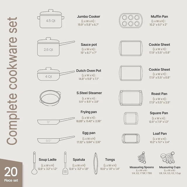 Alt view image 2 of 7 - Bakken Master 20 Piece Cookware Set - Pots and Pans with Handle Grips and Tempered Glass Lids, With 6-piece Bakeware Set, Nonstick Granite Coating, Ceramic Max Temperature (Up To 500°F), Brown Marble