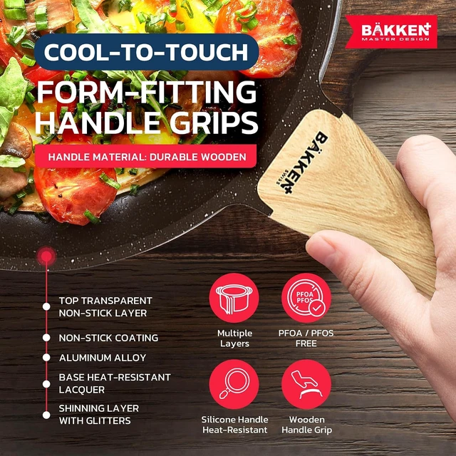 Alt view image 5 of 7 - Bakken Master 20 Piece Cookware Set - Pots and Pans with Handle Grips and Tempered Glass Lids, With 6-piece Bakeware Set, Nonstick Granite Coating, Ceramic Max Temperature (Up To 500°F), Brown Marble
