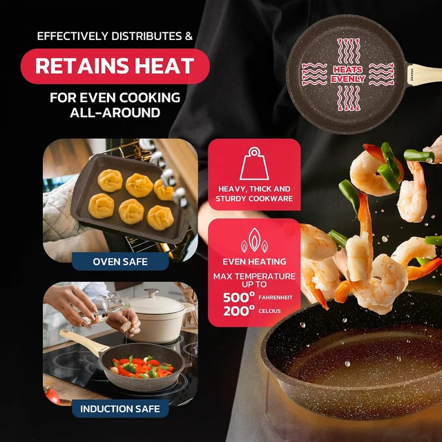 Alt view image 6 of 7 - Bakken Master 20 Piece Cookware Set - Pots and Pans with Handle Grips and Tempered Glass Lids, With 6-piece Bakeware Set, Nonstick Granite Coating, Ceramic Max Temperature (Up To 500°F), Brown Marble