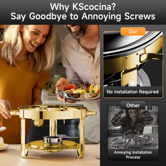 Alt view image 4 of 7 - Chafing Dishes for Buffet, 4 Pack 5QT Round Stainless Steel Chafing Dish Set for Home Parties, Christmas Gatherings, Catering Events Complete Buffet Warmer Set (Golden 4)