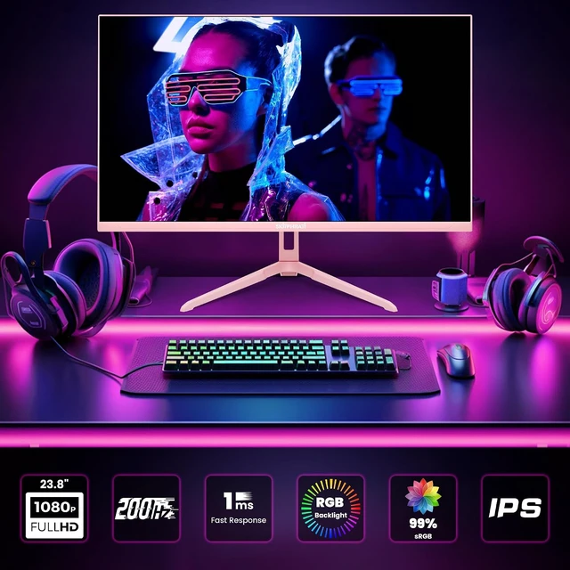 Alt view image 6 of 7 - Pink 24 inch Gaming Monitor 200Hz Refresh Rate FHD 1080p Resolution Fast IPS Panel 1ms GTG Response Time Adaptive Sync Built-in Speakers Pink Monitor