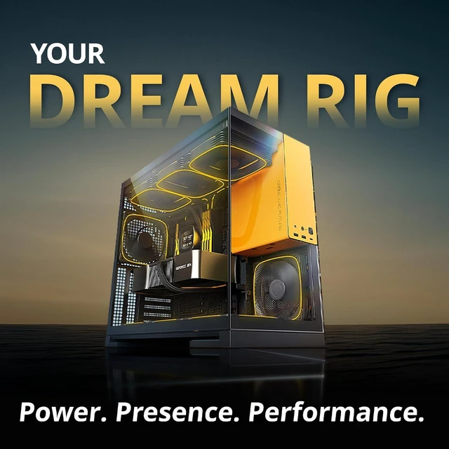 Main image of M5 Tempered Glass Mid Tower, E-ATX/ATX Gaming Case, 1.2mm Steel, Type C, Toolless Panels, Support 420/360 Radiator, ARGB PWM 140m Fan x 5 Pre-Installed, Black/Yellow, GEO-M5F-BY