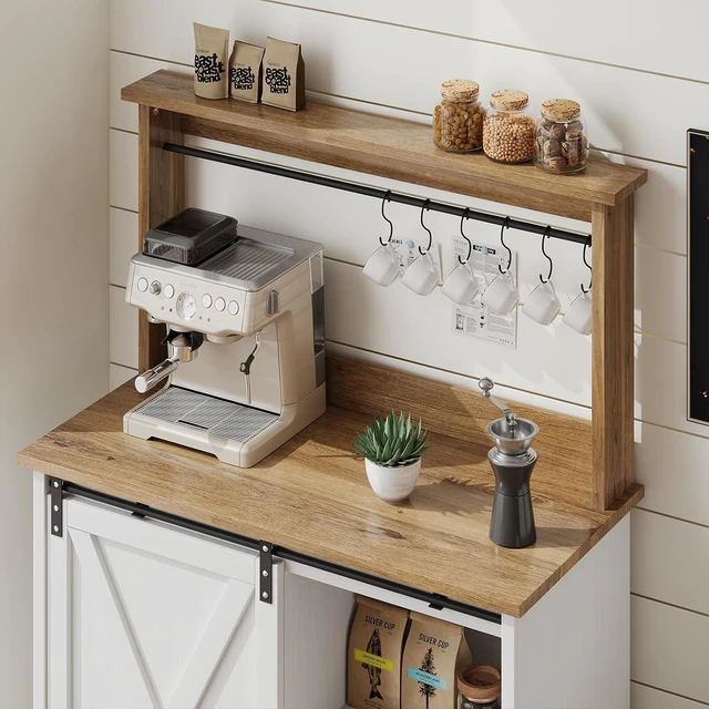 Alt view image 3 of 7 - 31" Farmhouse Coffee Bar Cabinet with Storage Hutch, White