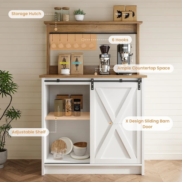 Alt view image 5 of 7 - 31" Farmhouse Coffee Bar Cabinet with Storage Hutch, White