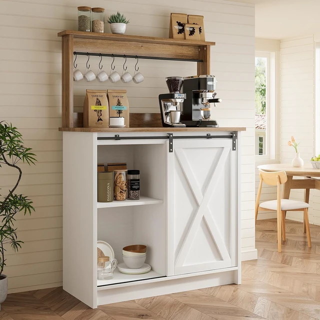 Alt view image 7 of 7 - 31" Farmhouse Coffee Bar Cabinet with Storage Hutch, White
