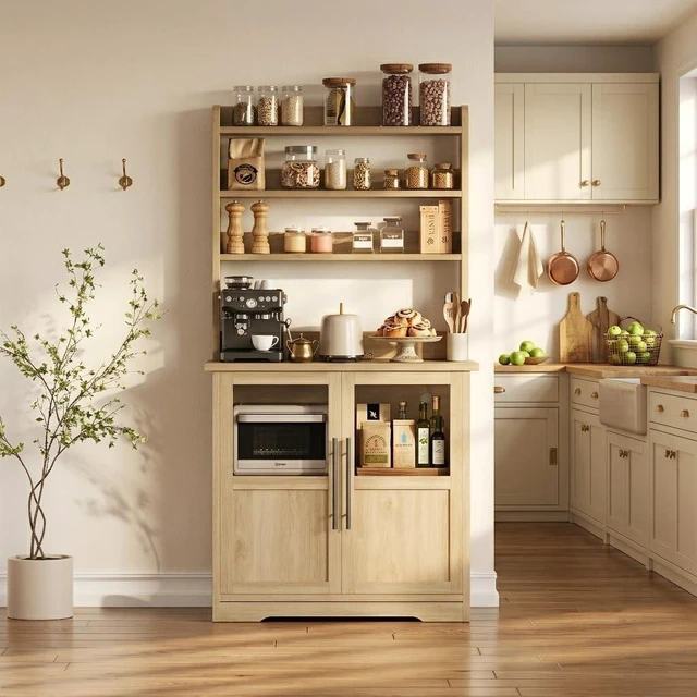 Main image of Farmhouse Bakers Rack with Glass Door, Microwave Stand with Power Outlets, Kitchen Hutch Pantry Cabinet, Kitchen Coffee Bar Cabinet for Spices, Dishes, and Pots, Wood