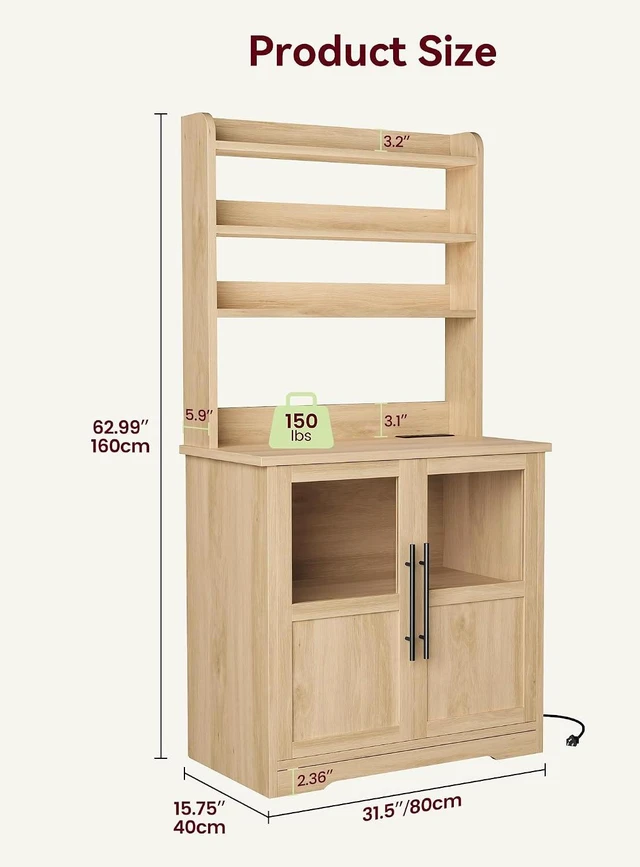 Alt view image 2 of 7 - Farmhouse Bakers Rack with Glass Door, Microwave Stand with Power Outlets, Kitchen Hutch Pantry Cabinet, Kitchen Coffee Bar Cabinet for Spices, Dishes, and Pots, Wood