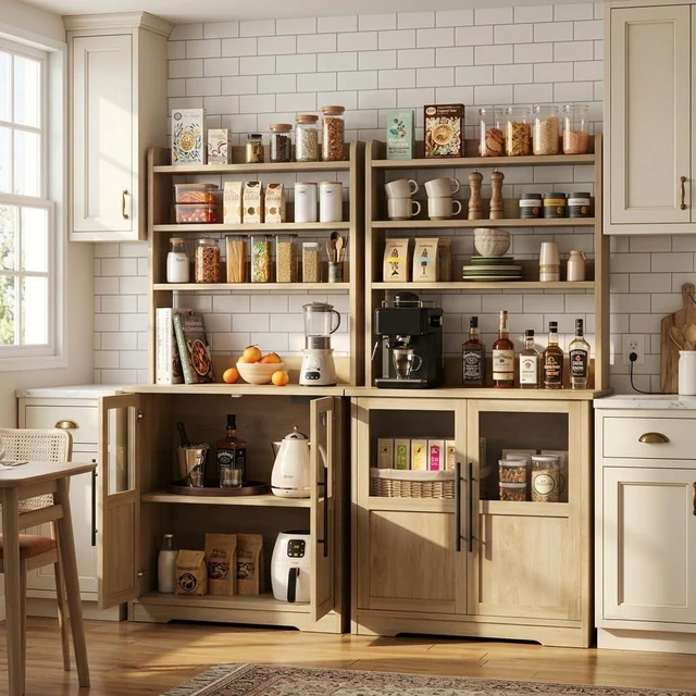 Alt view image 3 of 7 - Farmhouse Bakers Rack with Glass Door, Microwave Stand with Power Outlets, Kitchen Hutch Pantry Cabinet, Kitchen Coffee Bar Cabinet for Spices, Dishes, and Pots, Wood