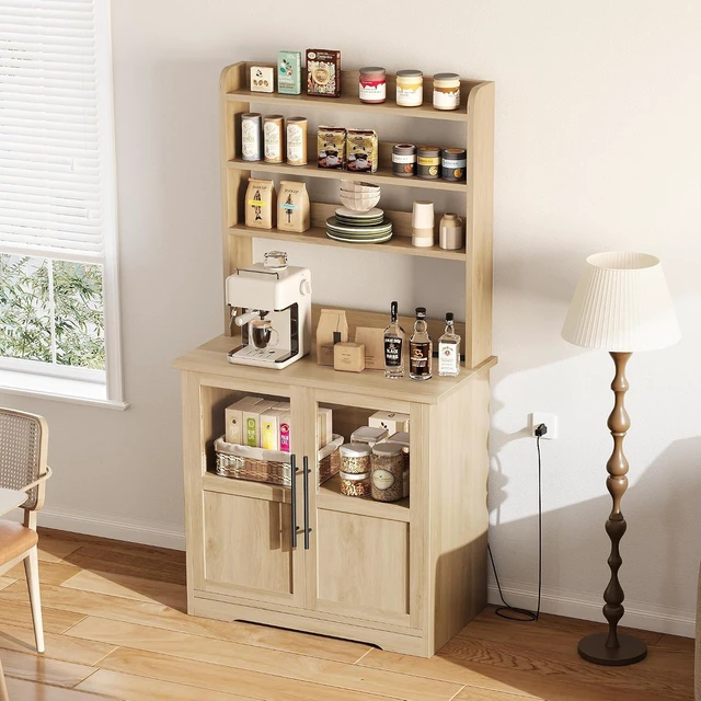 Alt view image 4 of 7 - Farmhouse Bakers Rack with Glass Door, Microwave Stand with Power Outlets, Kitchen Hutch Pantry Cabinet, Kitchen Coffee Bar Cabinet for Spices, Dishes, and Pots, Wood