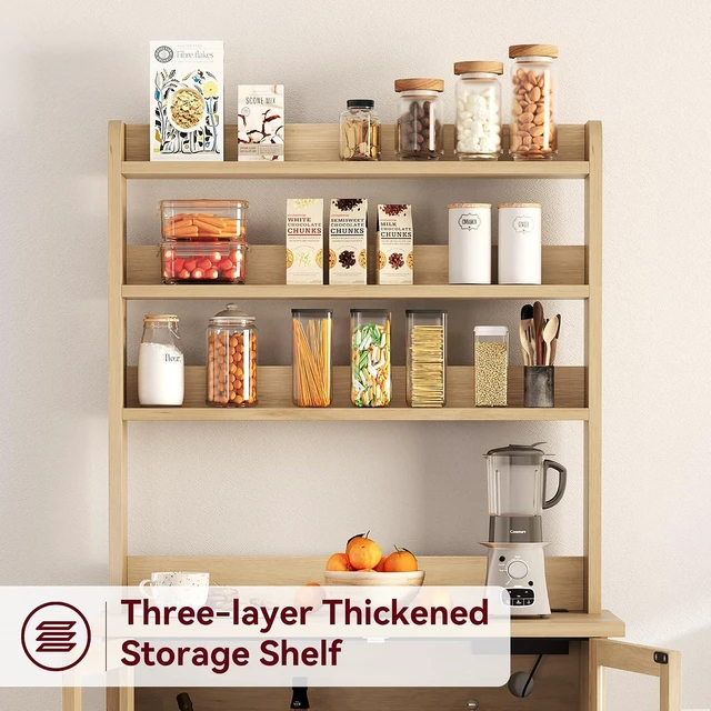 Alt view image 6 of 7 - Farmhouse Bakers Rack with Glass Door, Microwave Stand with Power Outlets, Kitchen Hutch Pantry Cabinet, Kitchen Coffee Bar Cabinet for Spices, Dishes, and Pots, Wood