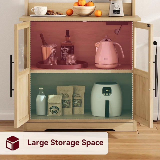 Alt view image 7 of 7 - Farmhouse Bakers Rack with Glass Door, Microwave Stand with Power Outlets, Kitchen Hutch Pantry Cabinet, Kitchen Coffee Bar Cabinet for Spices, Dishes, and Pots, Wood