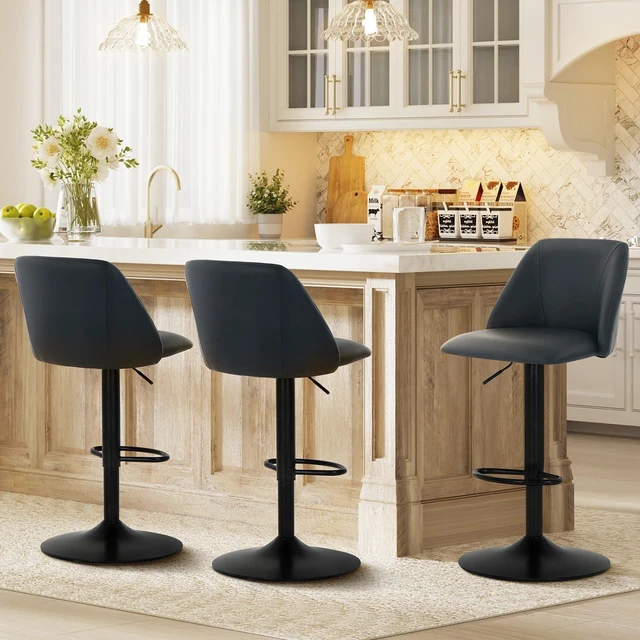 Main image of Bar Stools Set of 3, Modern Swivel Bar Chairs, Adjustable PU Leather Upholstered Barstools Counter Height with Full Backrest for Bar, Dining Room, Kitchen Island, Black