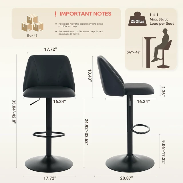 Alt view image 2 of 7 - Bar Stools Set of 3, Modern Swivel Bar Chairs, Adjustable PU Leather Upholstered Barstools Counter Height with Full Backrest for Bar, Dining Room, Kitchen Island, Black