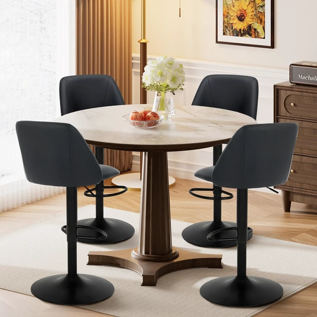 Alt view image 3 of 7 - Bar Stools Set of 3, Modern Swivel Bar Chairs, Adjustable PU Leather Upholstered Barstools Counter Height with Full Backrest for Bar, Dining Room, Kitchen Island, Black
