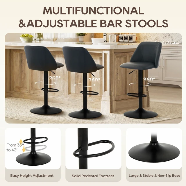 Alt view image 4 of 7 - Bar Stools Set of 3, Modern Swivel Bar Chairs, Adjustable PU Leather Upholstered Barstools Counter Height with Full Backrest for Bar, Dining Room, Kitchen Island, Black