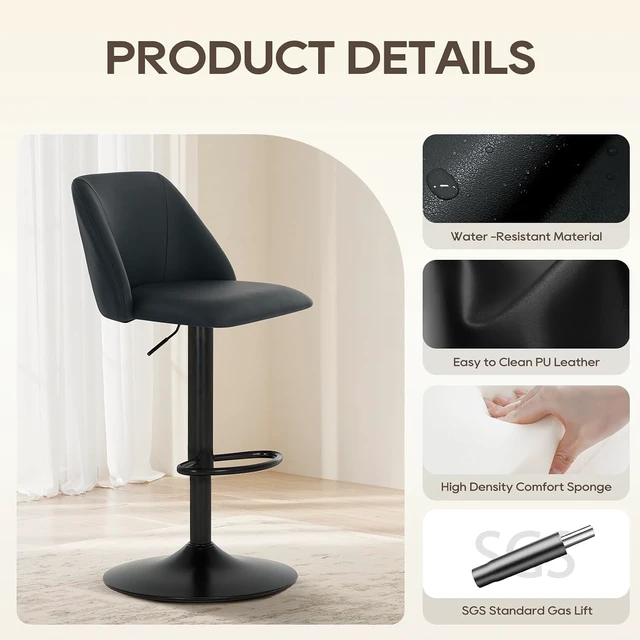 Alt view image 5 of 7 - Bar Stools Set of 3, Modern Swivel Bar Chairs, Adjustable PU Leather Upholstered Barstools Counter Height with Full Backrest for Bar, Dining Room, Kitchen Island, Black