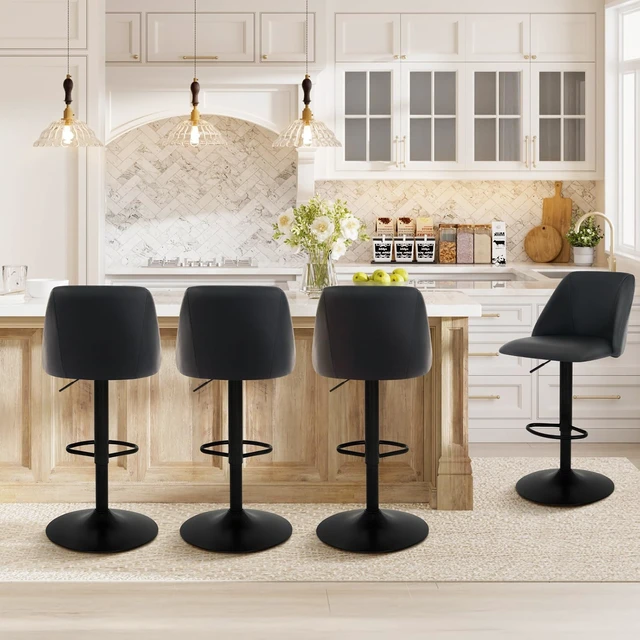 Alt view image 6 of 7 - Bar Stools Set of 3, Modern Swivel Bar Chairs, Adjustable PU Leather Upholstered Barstools Counter Height with Full Backrest for Bar, Dining Room, Kitchen Island, Black