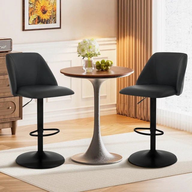 Alt view image 7 of 7 - Bar Stools Set of 3, Modern Swivel Bar Chairs, Adjustable PU Leather Upholstered Barstools Counter Height with Full Backrest for Bar, Dining Room, Kitchen Island, Black