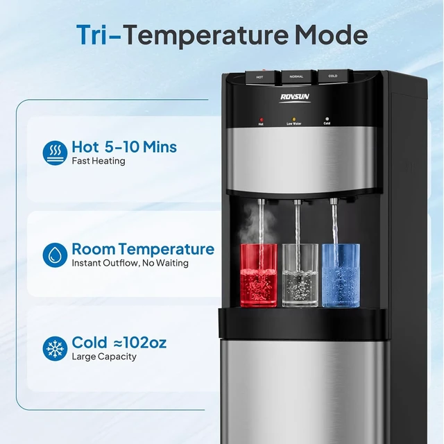 Alt view image 2 of 7 - Bottom-Load Water Cooler Dispenser, 3 Temperature Settings 3L Cold Tank, Child Lock, No Lift Easy Loading, Compression Refrigeration, Fits 3 or 5 Gallon Bottles for Home & Office, ETL Listed