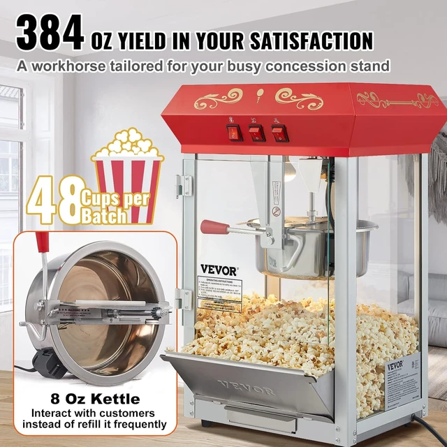 Alt view image 3 of 7 - Commercial Popcorn Machine, 8 Oz Kettle, 850 W Countertop Popcorn Maker for 48 Cups per Batch, Theater Style Popper with 3-Switch Control Steel Frame Tempered Glass Doors 2 Scoops 2 Spoons, Red