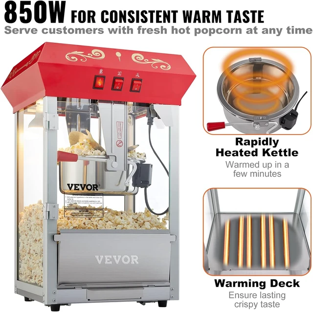 Alt view image 4 of 7 - Commercial Popcorn Machine, 8 Oz Kettle, 850 W Countertop Popcorn Maker for 48 Cups per Batch, Theater Style Popper with 3-Switch Control Steel Frame Tempered Glass Doors 2 Scoops 2 Spoons, Red