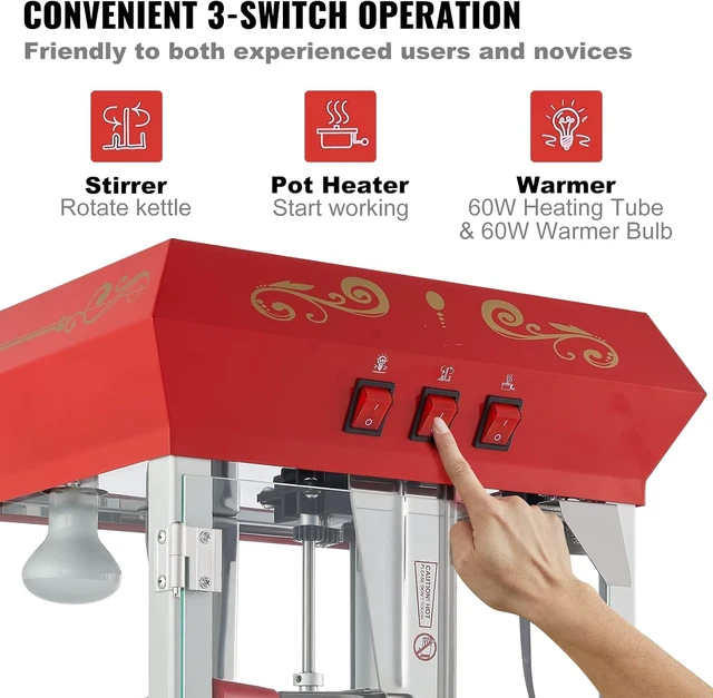 Alt view image 5 of 7 - Commercial Popcorn Machine, 8 Oz Kettle, 850 W Countertop Popcorn Maker for 48 Cups per Batch, Theater Style Popper with 3-Switch Control Steel Frame Tempered Glass Doors 2 Scoops 2 Spoons, Red