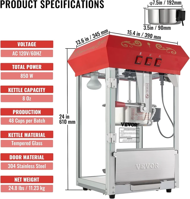 Alt view image 7 of 7 - Commercial Popcorn Machine, 8 Oz Kettle, 850 W Countertop Popcorn Maker for 48 Cups per Batch, Theater Style Popper with 3-Switch Control Steel Frame Tempered Glass Doors 2 Scoops 2 Spoons, Red