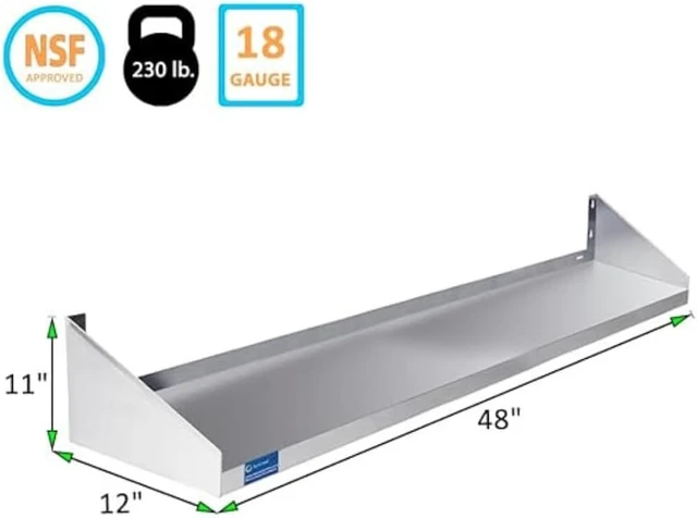 Alt view image 2 of 6 - 48" x 12" Stainless Steel Wall Shelf with Side Guards, NSF