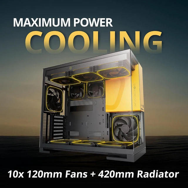 Alt view image 2 of 7 - M5 Tempered Glass Mid Tower, E-ATX/ATX Gaming Case, 1.2mm Steel, Type C, Toolless Panels, Support 420/360 Radiator, ARGB PWM 140m Fan x 5 Pre-Installed, Black/Yellow, GEO-M5F-BY