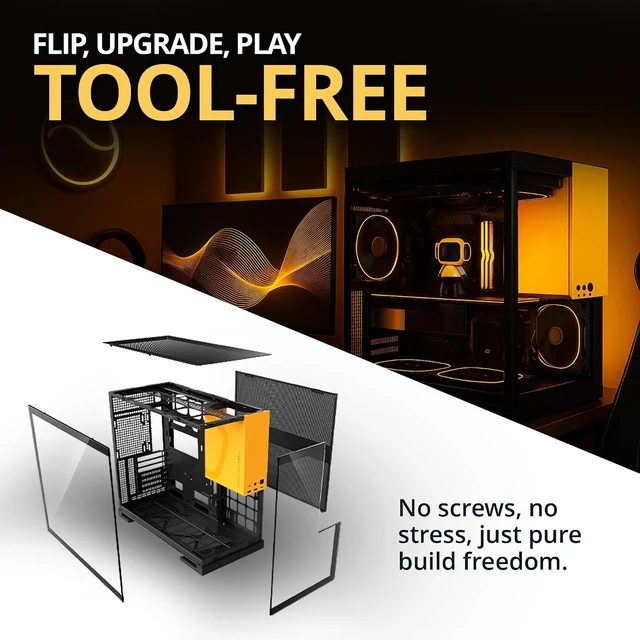 Alt view image 4 of 7 - M5 Tempered Glass Mid Tower, E-ATX/ATX Gaming Case, 1.2mm Steel, Type C, Toolless Panels, Support 420/360 Radiator, ARGB PWM 140m Fan x 5 Pre-Installed, Black/Yellow, GEO-M5F-BY