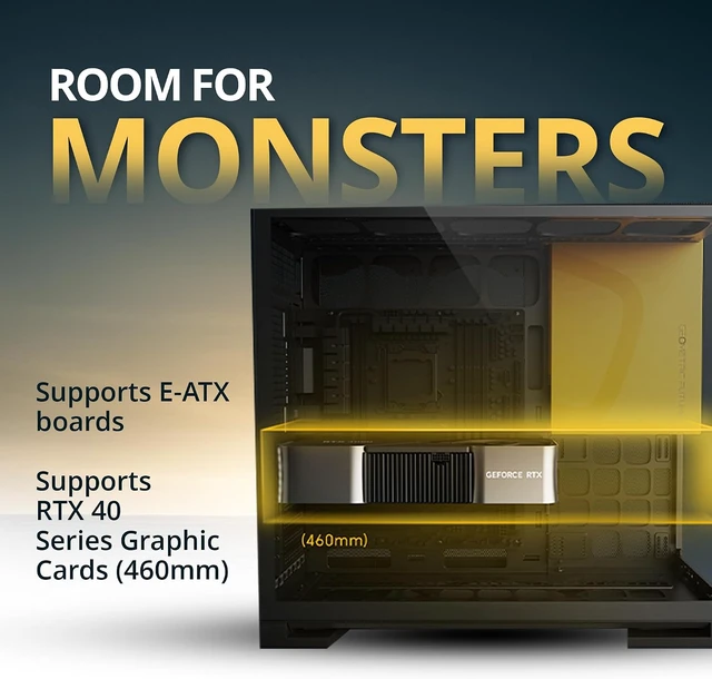 Alt view image 3 of 7 - M5 Tempered Glass Mid Tower, E-ATX/ATX Gaming Case, 1.2mm Steel, Type C, Toolless Panels, Support 420/360 Radiator, ARGB PWM 140m Fan x 5 Pre-Installed, Black/Yellow, GEO-M5F-BY