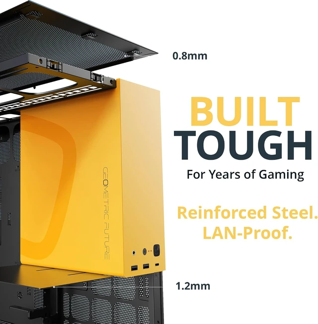 Alt view image 5 of 7 - M5 Tempered Glass Mid Tower, E-ATX/ATX Gaming Case, 1.2mm Steel, Type C, Toolless Panels, Support 420/360 Radiator, ARGB PWM 140m Fan x 5 Pre-Installed, Black/Yellow, GEO-M5F-BY