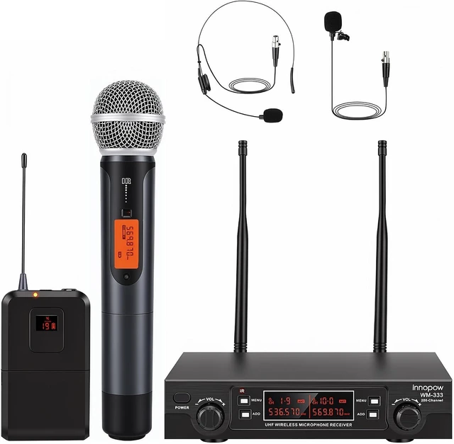 Main image of 200-Channel Wireless Microphones System, Wireless Lavalier Microphone, Dual UHF Bodypack Cordless Lavalier Mic System Set, Auto Scan, Long Range 200-240Ft, 16 Hours Ideal for Church (Black)