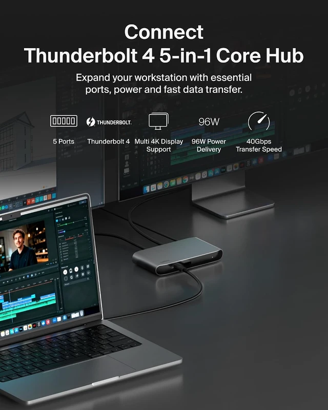 Alt view image 2 of 7 - Connect Thunderbolt 4 Docking Station, 5-in-1 USB-C Multiport Core Hub w/ 96W Power Delivery for Mac, Windows, Single 8K or Dual 4K Display, Thunderbolt 4 Cable & Power Supply Included