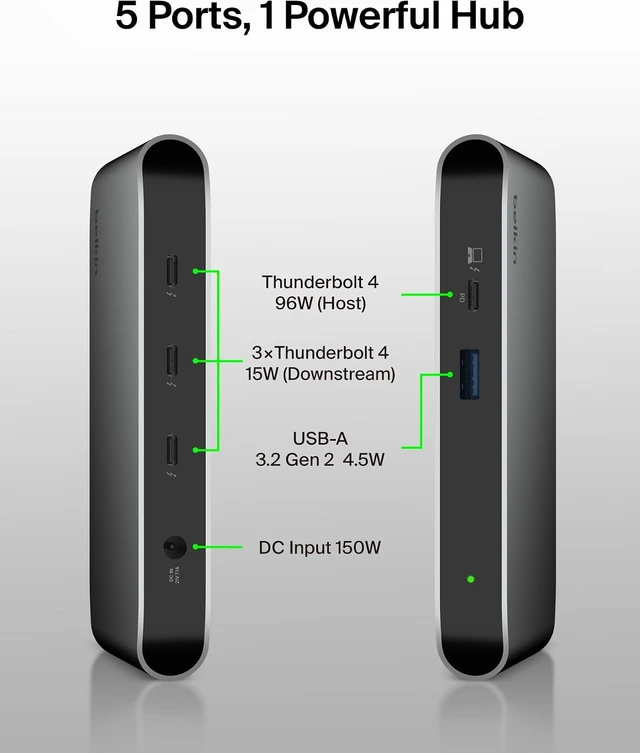 Alt view image 3 of 7 - Connect Thunderbolt 4 Docking Station, 5-in-1 USB-C Multiport Core Hub w/ 96W Power Delivery for Mac, Windows, Single 8K or Dual 4K Display, Thunderbolt 4 Cable & Power Supply Included