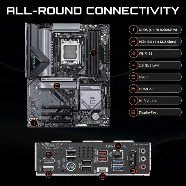 Alt view image 4 of 7 - B850 Eagle WIFI6E AM5 ATX Motherboard, Support Ryzen 9000/8000/7000 Series, DDR5, 8+2+2 Power Phase, 3X M.2, PCIe 5.0, USB-C, WIFI6E, GbE LAN, EZ-Latch, 5-Year Warranty