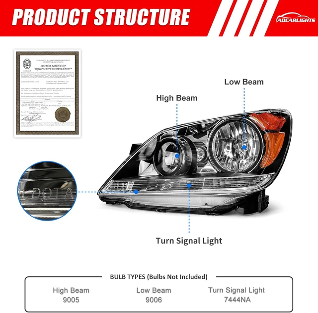Alt view image 2 of 7 - Headlight Assembly for Honda Odyssey 2005 2006 2007 Black Housing Amber Reflector Headlamp Replacement PairW/O Bulbs