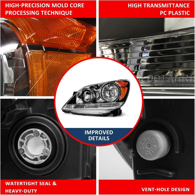 Alt view image 5 of 7 - Headlight Assembly for Honda Odyssey 2005 2006 2007 Black Housing Amber Reflector Headlamp Replacement PairW/O Bulbs