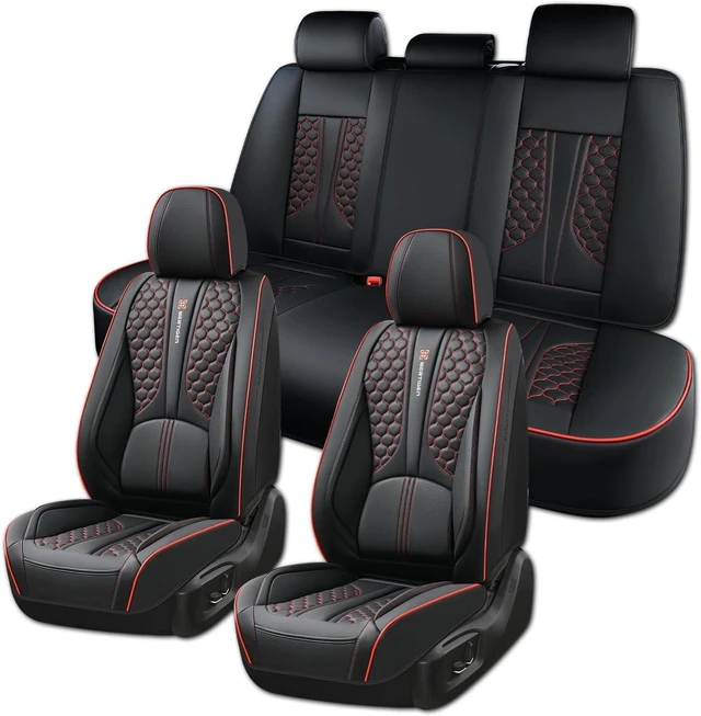Main image of Black and Red Leather Car Seat Cover Set, with Lumbar Support