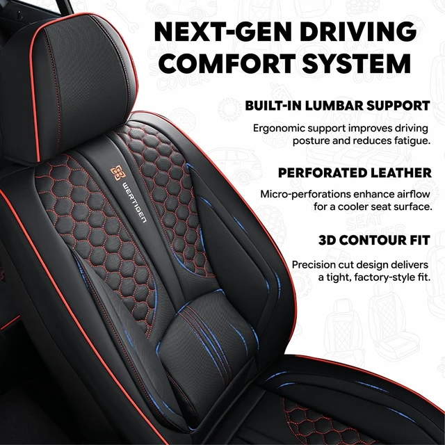Alt view image 3 of 7 - Black and Red Leather Car Seat Cover Set, with Lumbar Support