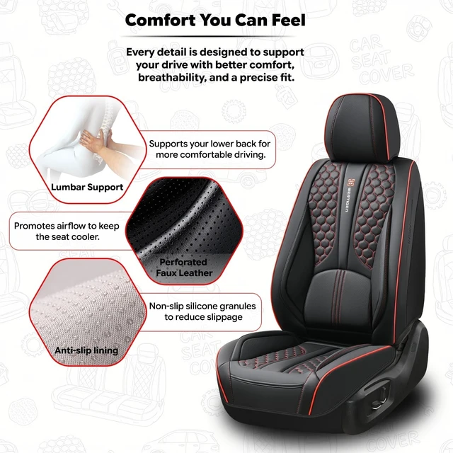 Alt view image 4 of 7 - Black and Red Leather Car Seat Cover Set, with Lumbar Support