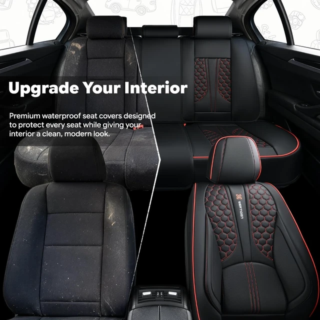 Alt view image 2 of 7 - Black and Red Leather Car Seat Cover Set, with Lumbar Support
