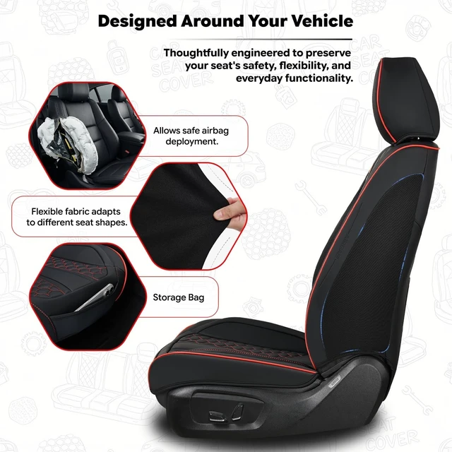 Alt view image 5 of 7 - Black and Red Leather Car Seat Cover Set, with Lumbar Support