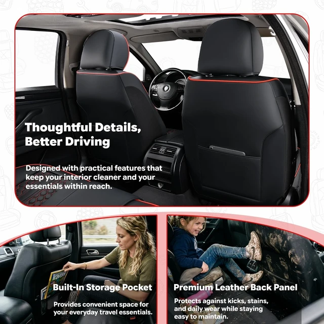 Alt view image 7 of 7 - Black and Red Leather Car Seat Cover Set, with Lumbar Support